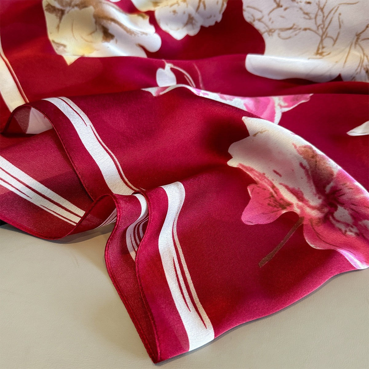 Red Floral Silk Feel Scarf Large Shawl Wrap Elegant Long Fashion Headscarf