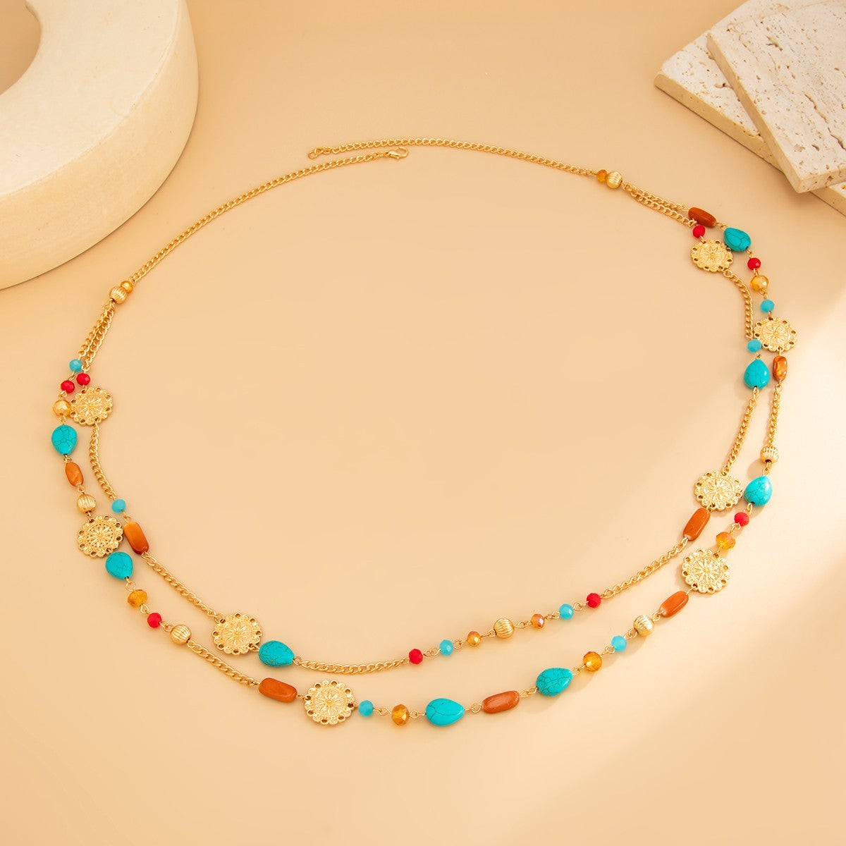 Bohemian Turquoise Beaded Multi-Strand Gold Coin Statement Necklace