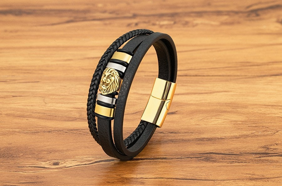 3 Colors Men Lion Head Leather Bracelet Set Stainless Steel Magnetic Clasp