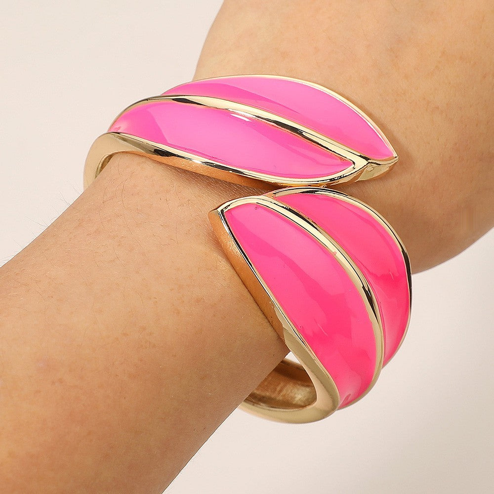 Abstract Enamel Leaf Statement Hinged Bangle Bracelet Hinged Closure Fuchsia