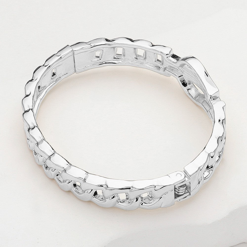 Silver  Tone Rhinestone Buckle Curb Chain Link Hinged Bangle Bracelet for Women