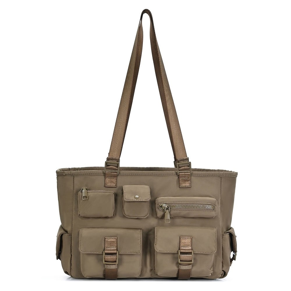 Multi Pocket Utility Tote Bag Taupe Nylon Shoulder Handbag for Travel & Work