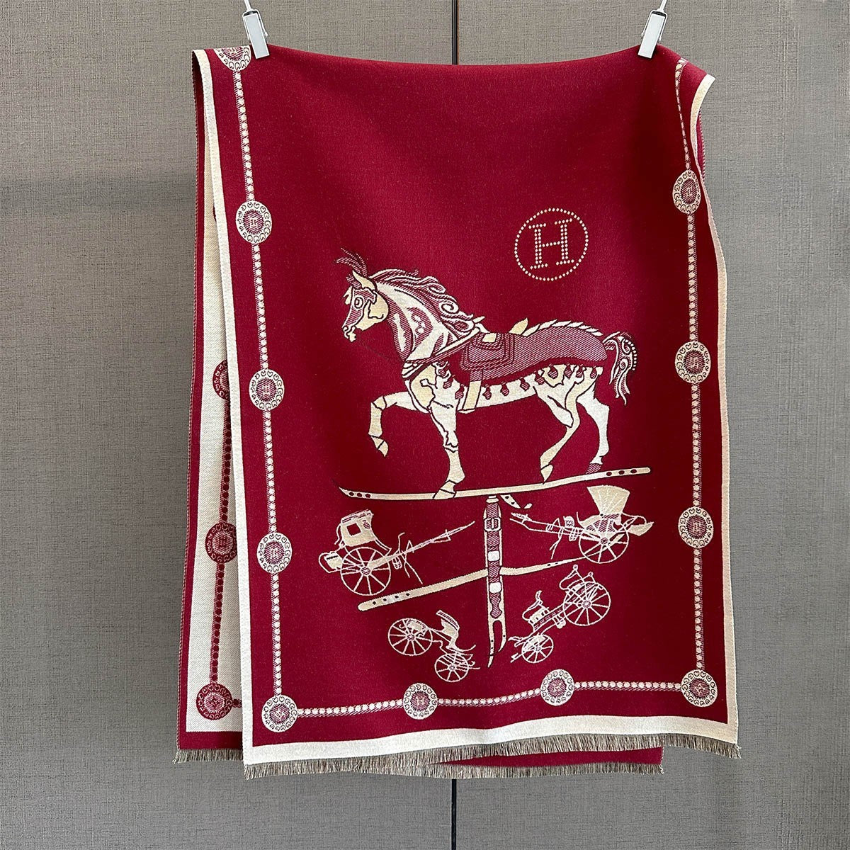 Reversible Equestrian Horse Carriage Scarf Shawl Wrap Red Burgundy Cream Cashmer