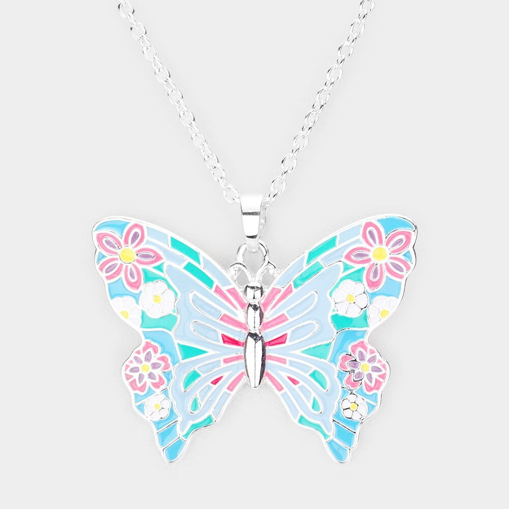 Enamel Butterfly Pendant Necklace for Women Cute Colorful Butterfly Pendant