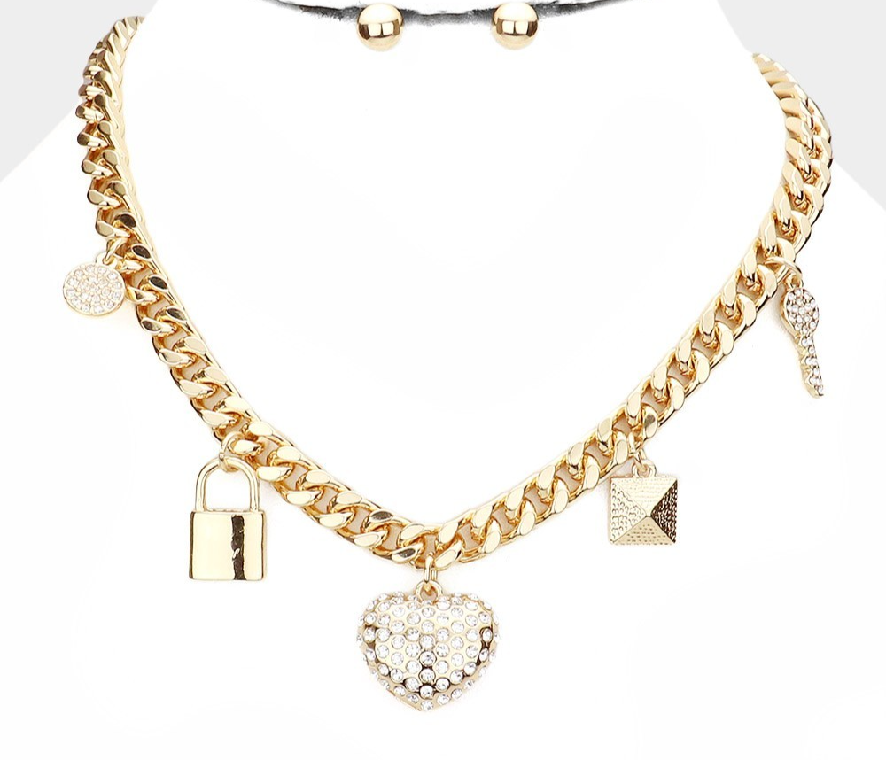 Rhinestone Heart Key Lock Pendant Necklace Gold Tone Love Station Jewelry