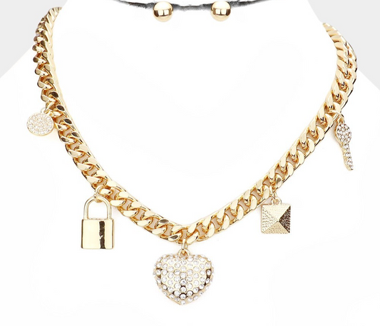 Rhinestone Heart Key Lock Pendant Necklace Gold Tone Love Station Jewelry