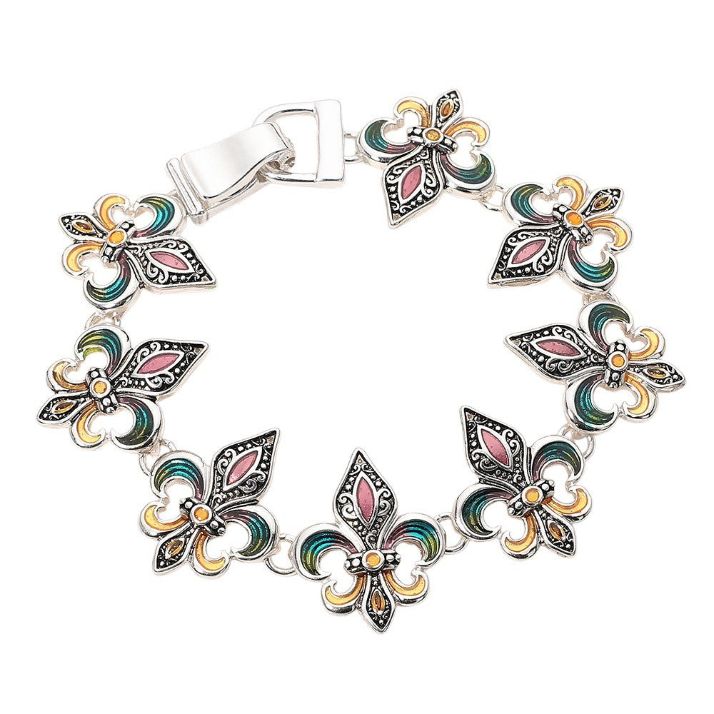 2pcs Fleur De Lis Enamel Link Bracelet Set 7.5" Magnetic Clasp Silver Tone Pair