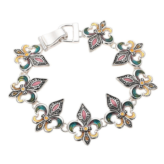 2pcs Fleur De Lis Enamel Link Bracelet Set 7.5" Magnetic Clasp Silver Tone Pair