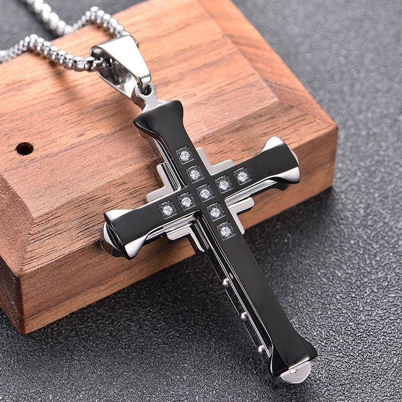 Modern Black Cross Necklace with Zircon Stones Religious Jewelry for Men