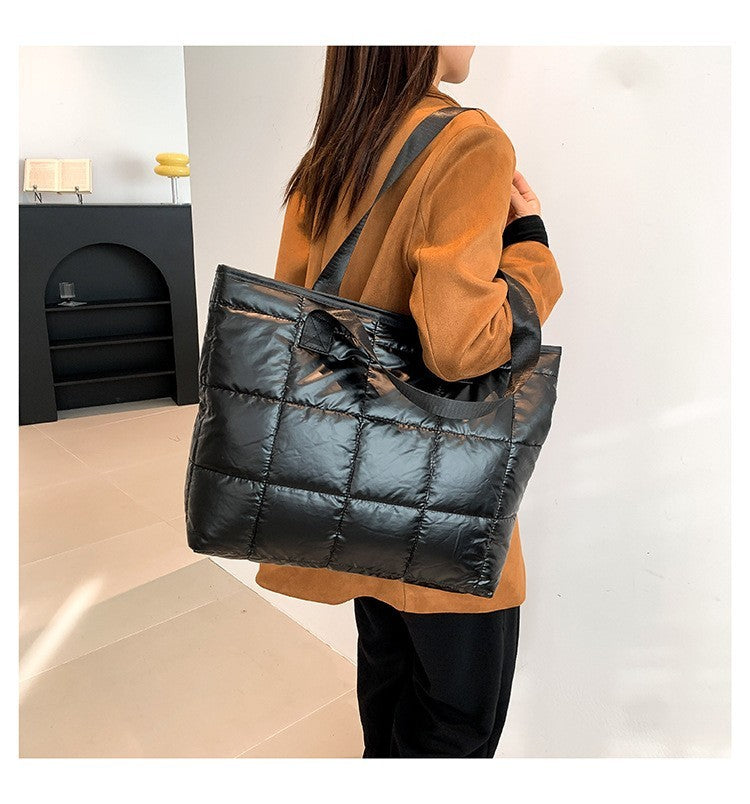 Black Quilted Puffer Tote Bag Shoulder Handbag Zipper Closure Carryall Purse