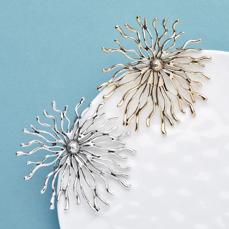 2PCS Large Starburst Coral Brooch Pin Set Antique Gold Silver Tone