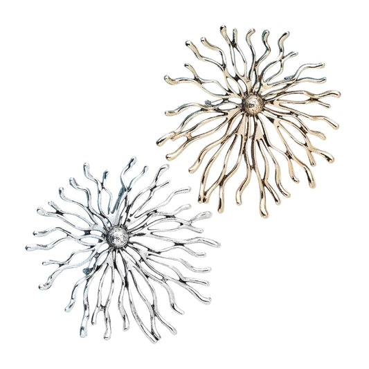 2PCS Large Starburst Coral Brooch Pin Set Antique Gold Silver Tone