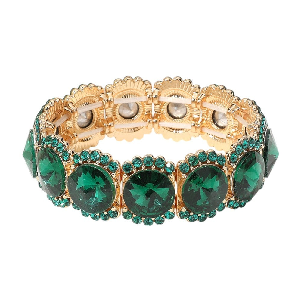 2PC Emerald Green Crystal Gold Tone Stretch Statement Bracelet Set Women's