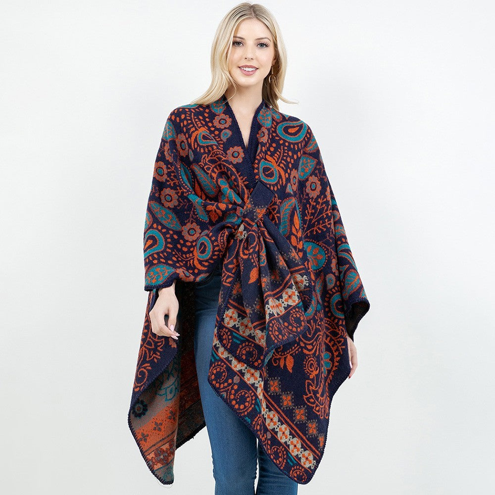 Open Front Boho Floral Paisley Shawl Wrap Poncho with Loop – Navy One Size