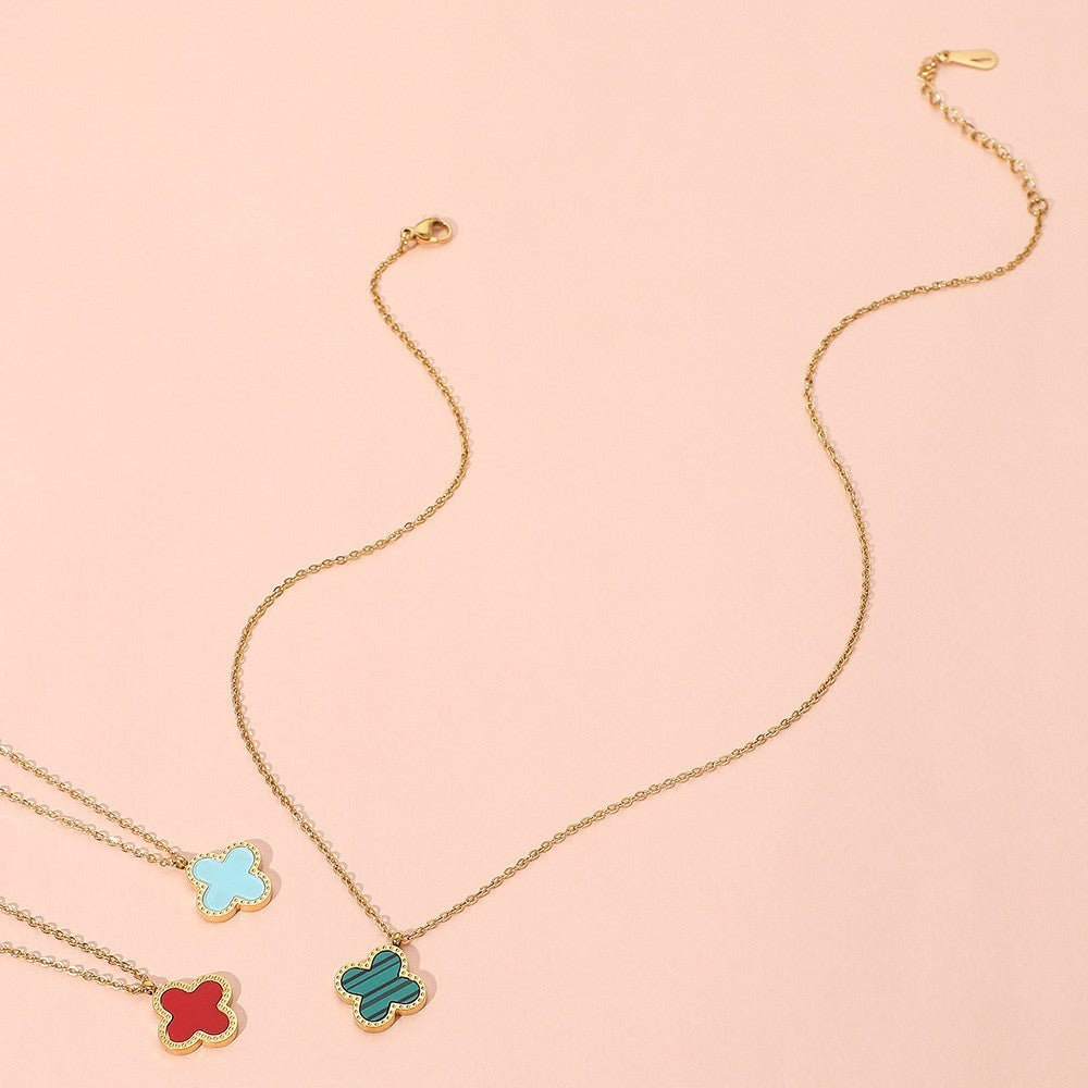 Gold Tone Stainless Steel Quatrefoil Pendant Necklace Green Clover for Women