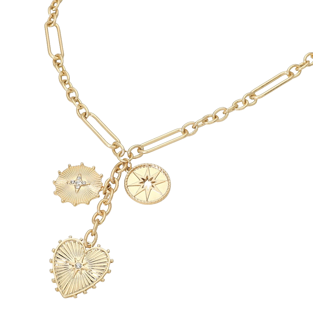 Gold Celestial Heart Sun Star Charm Paperclip Chain Necklace Fashion Jewelry