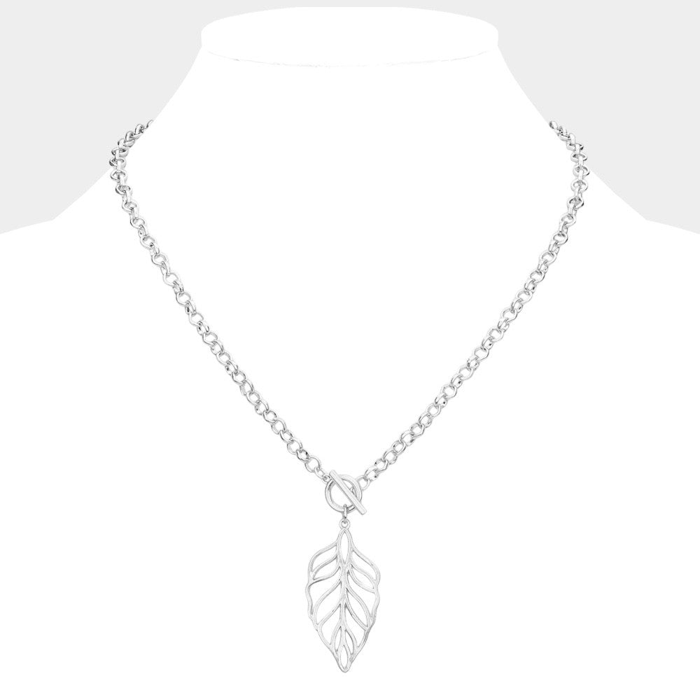Silver Open Cut Leaf Pendant Necklace - 18" Delicate Rolo Chain with Toggle Clas