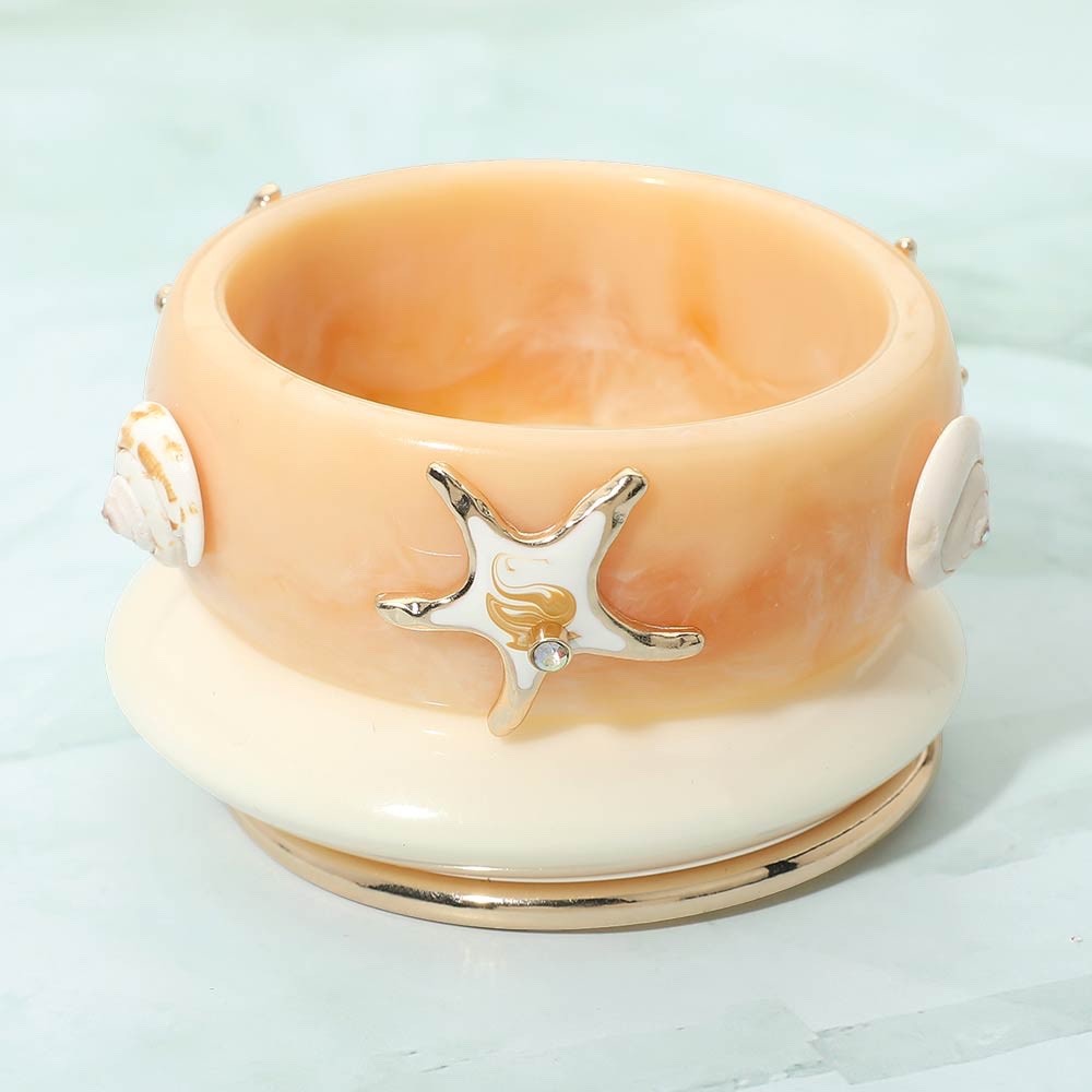 3pcs Coastal Beach Resin Bangle Set Starfish Shell Marbled Peach Gold Bracelets