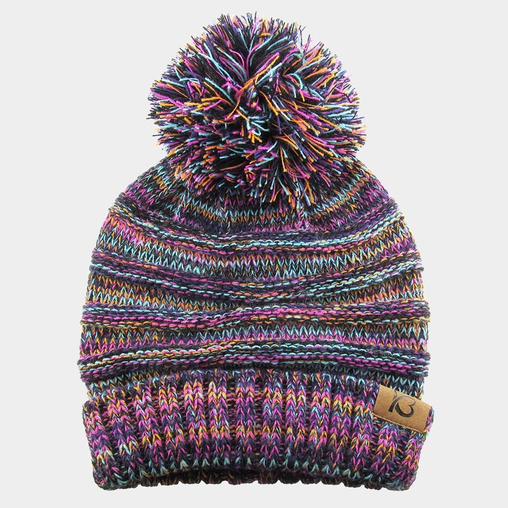 Women's Cable Knit Ribbed Chunk Pom Pom Slouchy Beanie Hat Stretchy Multicolor