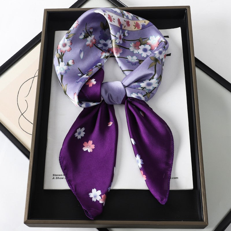 Purple Cherry Blossom Silk Feel Square Scarf Floral Head Neck Hair Wrap 27.5in
