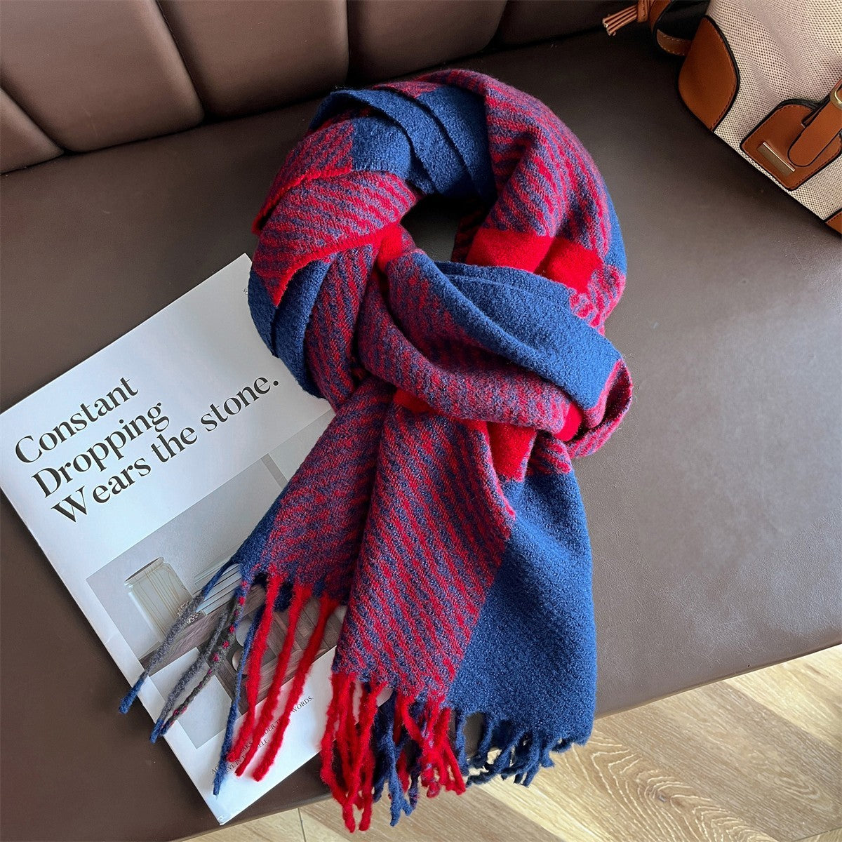 Soft Plaid Tartan Scarf Shawl Wrap for Women – Oversized Red and Blue Winter Fri