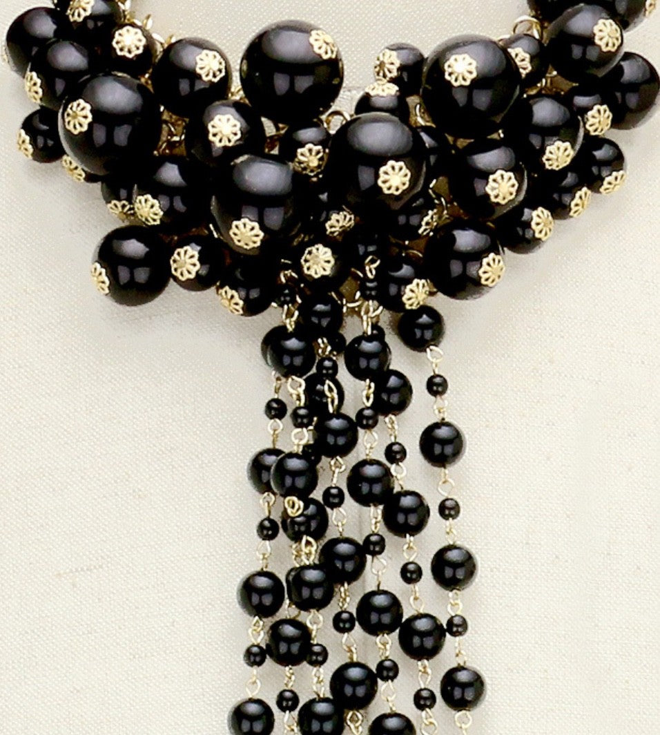 Black Faux Pearl Cluster Tie Necklace and Dangle Earring Set