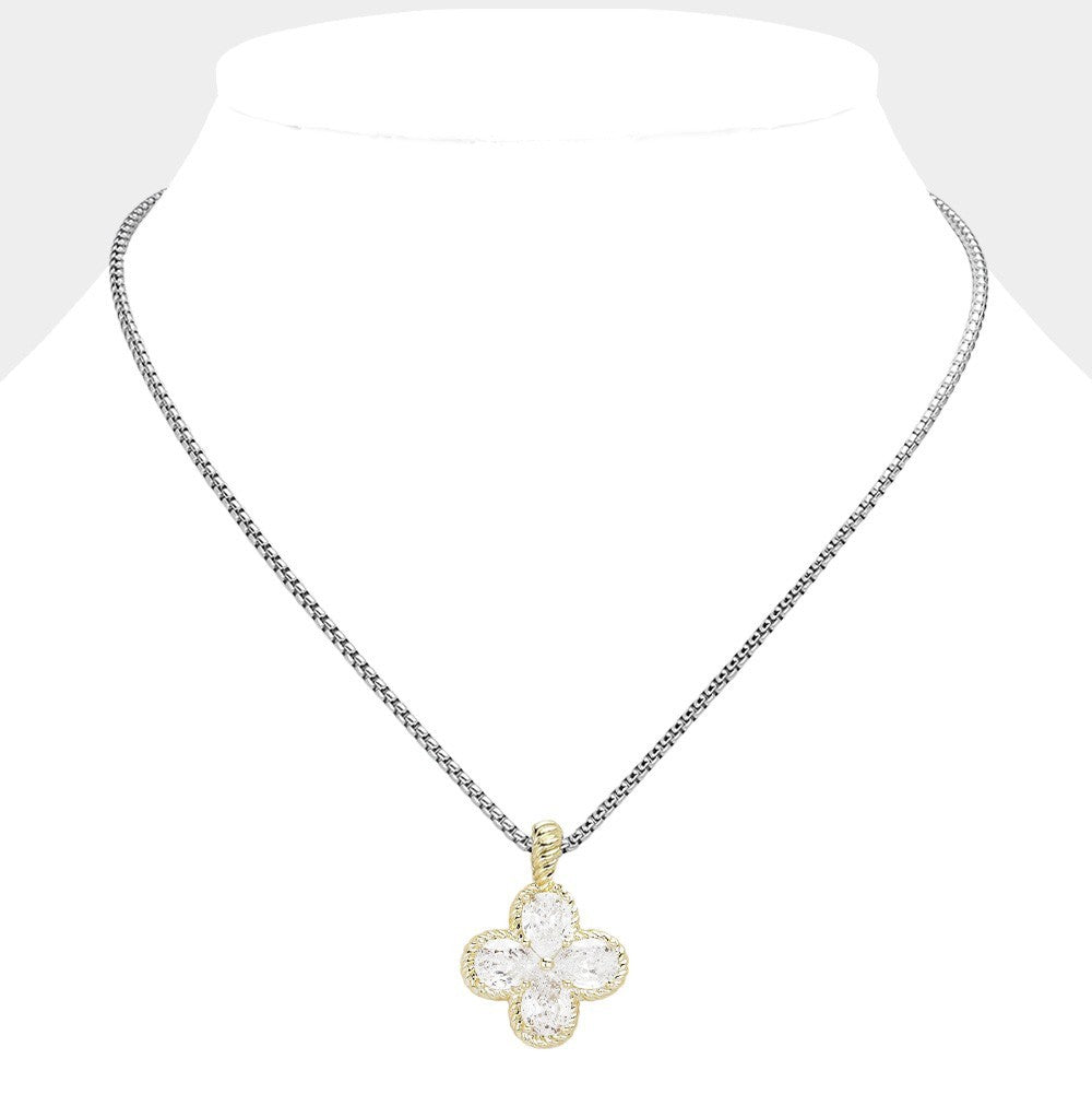 14K Gold Plated Cubic Zirconia Stone Quatrefoil Pendant Necklace for Women