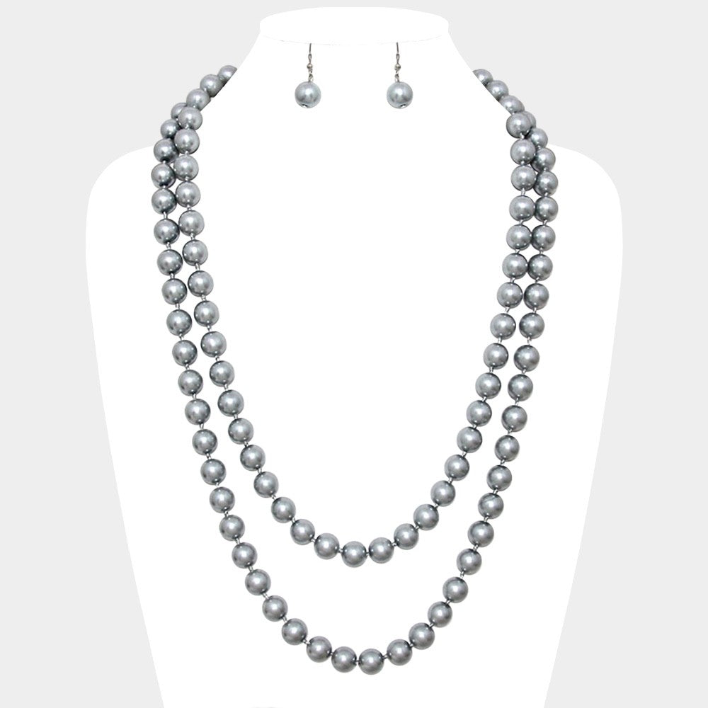 2pc Elegant Gray Faux Pearl Strand Necklace & Drop Earrings Jewelry Set - 60" L
