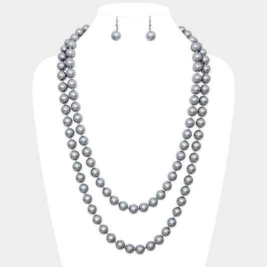 2pc Elegant Gray Faux Pearl Strand Necklace & Drop Earrings Jewelry Set - 60" L