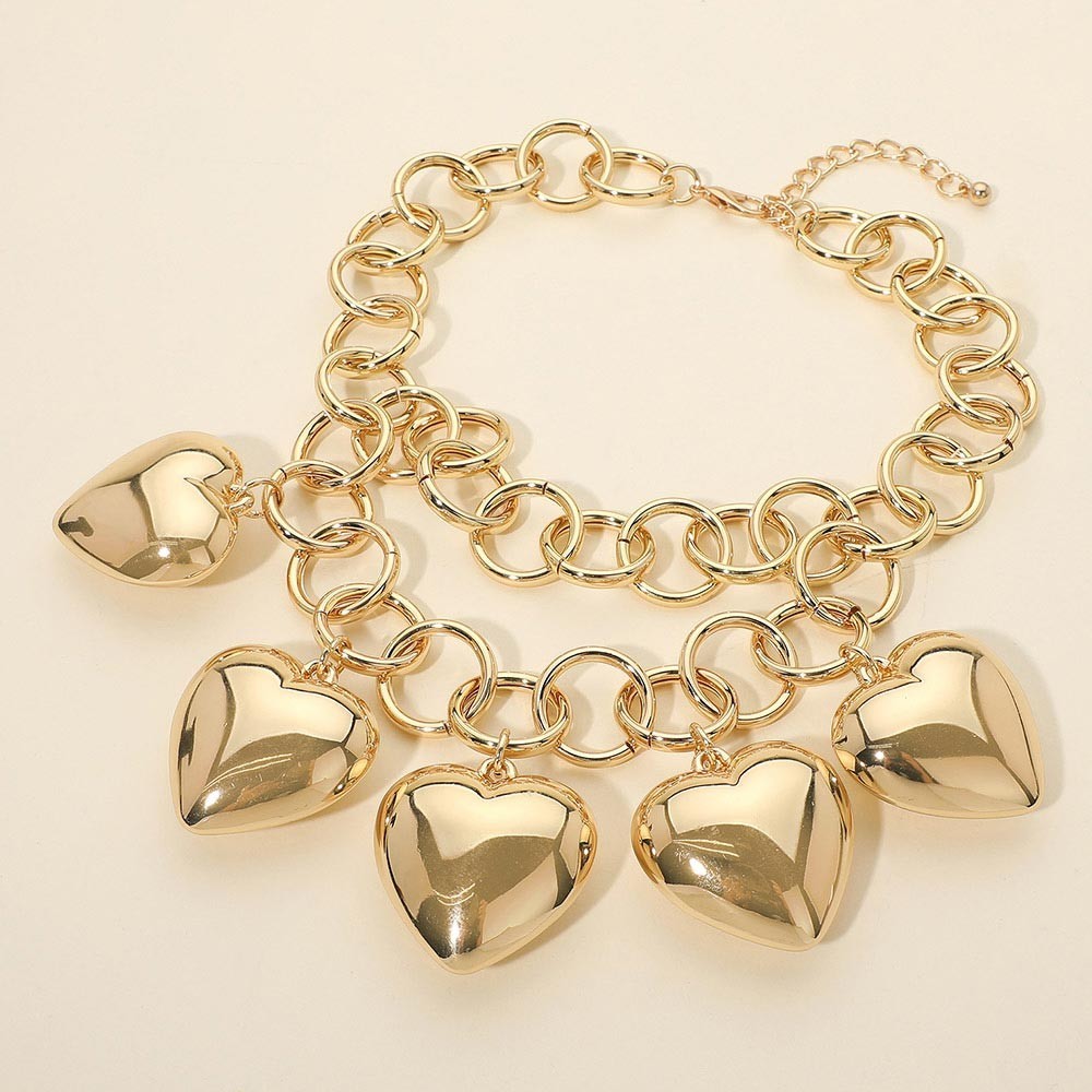 Gold Tone Bold Puffy Metal Heart Charm Station Linked Chain Statement Necklace