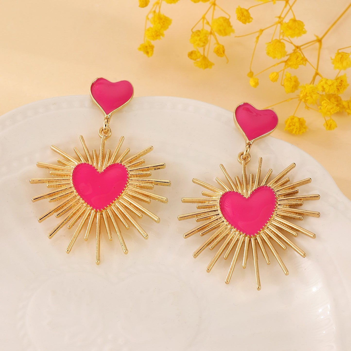 Hot Pink Enamel Heart Sunburst Drop Dangle Earrings Gold Tone Statement
