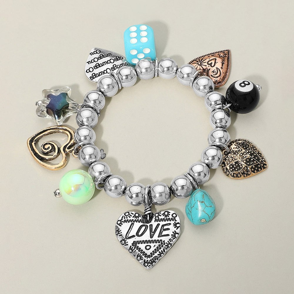Silver Beaded Eclectic Charm Bracelet with Love Heart and 8-Ball Charms