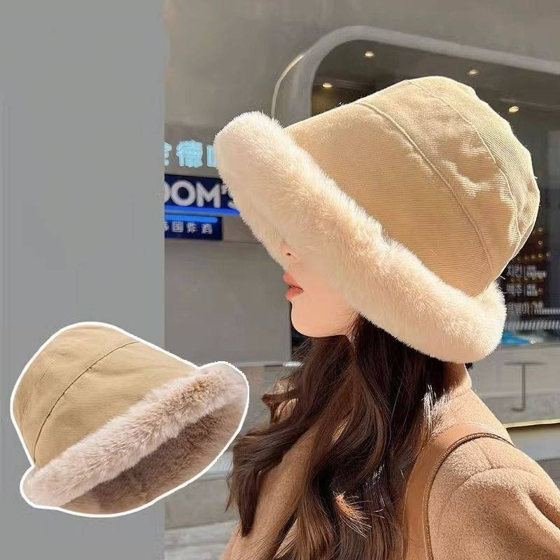 2-Pack Winter Bucket Hat Set Faux Fur Lined Black & Tan Warm Fluffy Cozy Cap