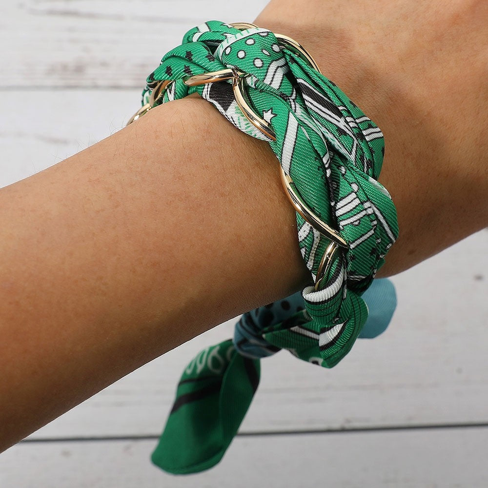 Boho Green Patterned Scarf Gold Chain Link Wrap Bracelet Necklace Statement