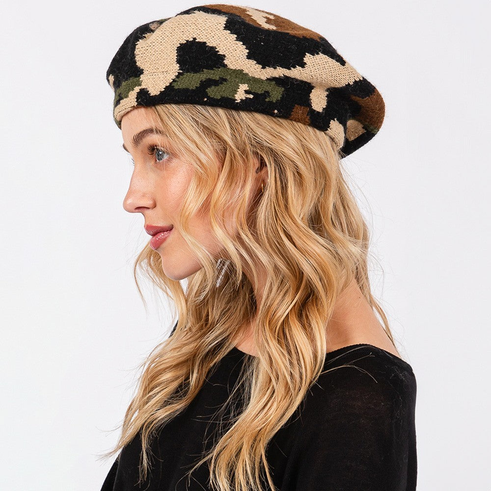 Camo Knit Beret Hat Women’s Fashion Winter Fall Casual Military Style Beanie Cap