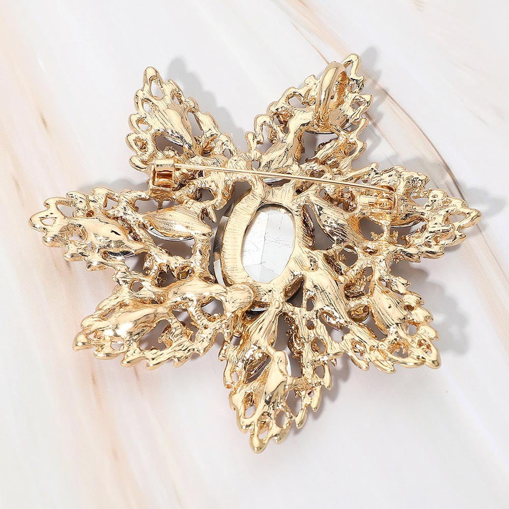 Oval Stone Center Brown Rhinestone Studded Floral Statement Pin Brooch for Women