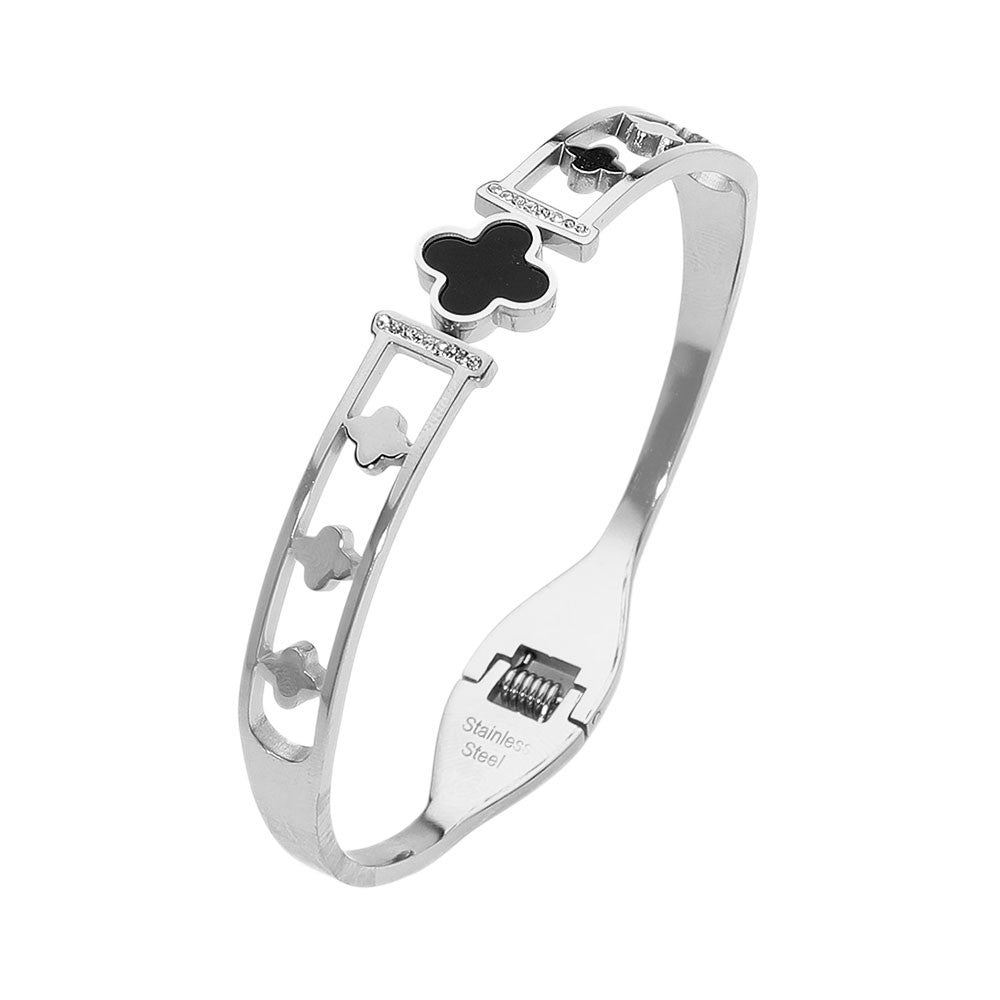 Silver & Black Stainless Steel Quatrefoil Cutout Hinged Bangle Bracelet  Women