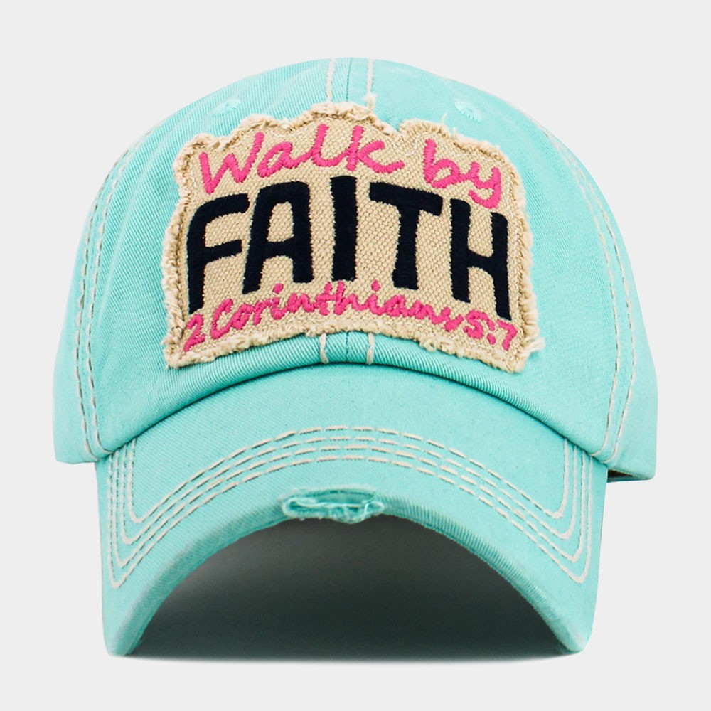 Walk by Faith Distressed Turquoise Baseball Cap  2 Corinthians 5:7 Scripture Hat