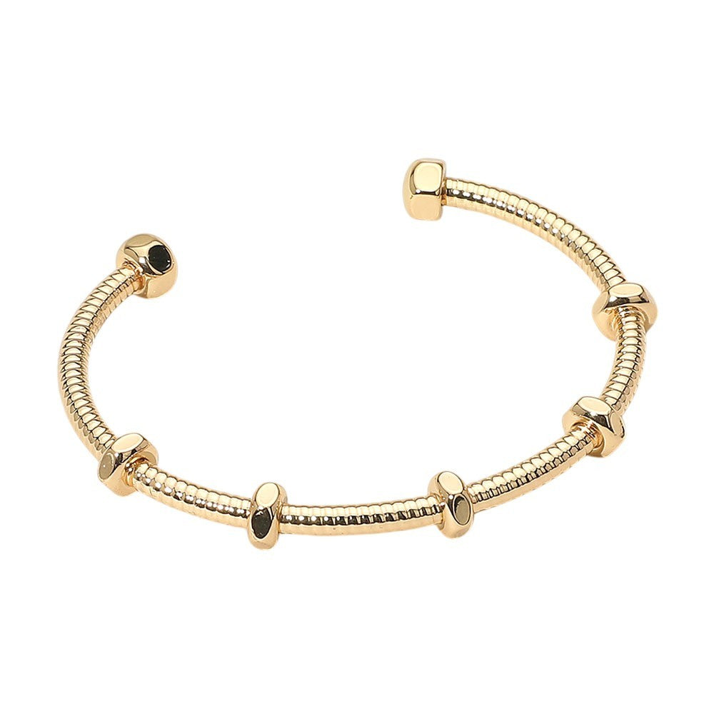 2PCs Women's Geometric Metal Cuff Screw Bolt Design Textured Bracelet Gold Tone
