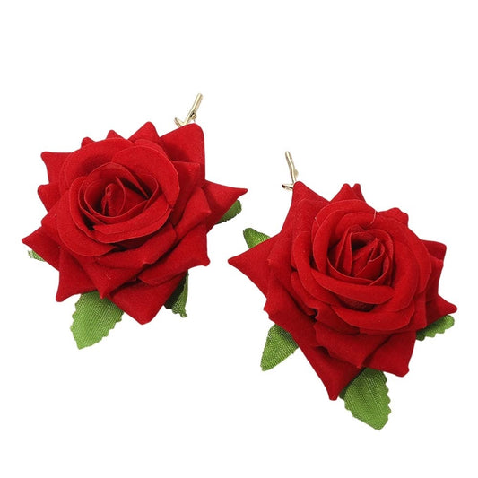 Red Velvet Rose Floral Statement Dangle Drop Earrings with Green Leaf Detail