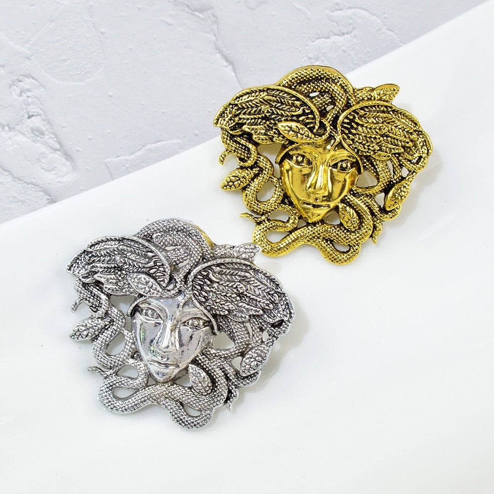 2PCS Medusa Head Brooch Pin Set Gold & Silver Tone Greek Mythology Gothic Jewelr