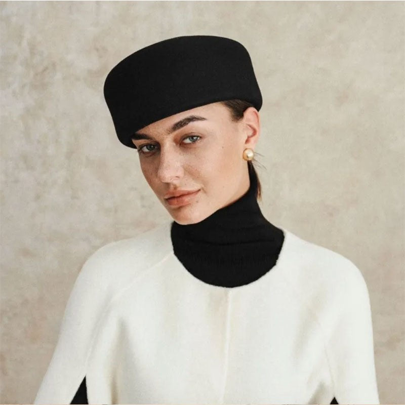 Vintage 100% Wool Pillbox Hat Black Retro Fascinator Formal Cocktail Stewardess