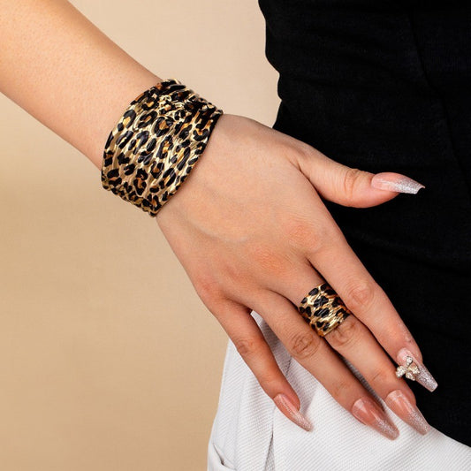 Gold Leopard Print Cuff Bracelet & Ring Set Boho Statement Jewelry