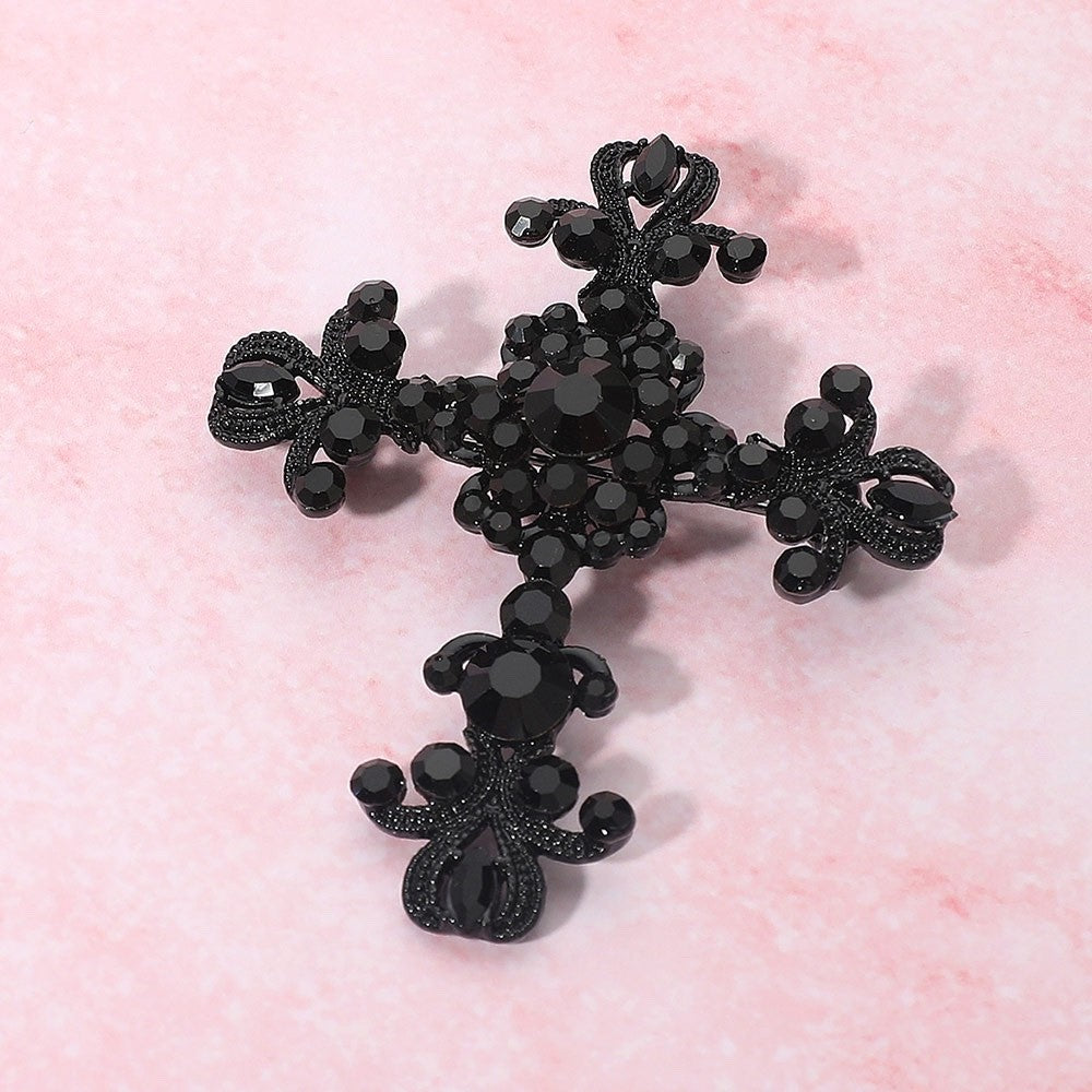 2pcs Gothic Cross Brooch Set Antique Gold & Black Crystal Religious Statement Pi