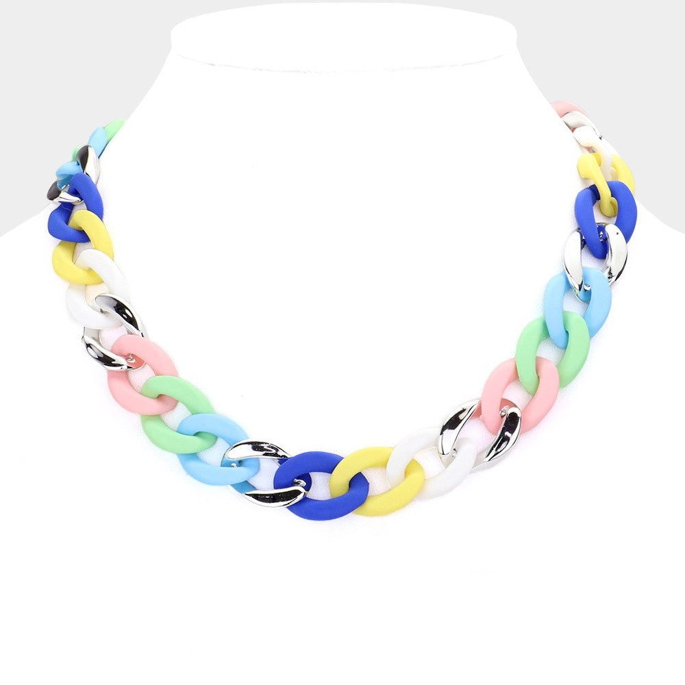 Pastel Multi-Color Matte & Silver Curb Chain Link Necklace Fashion Jewelry