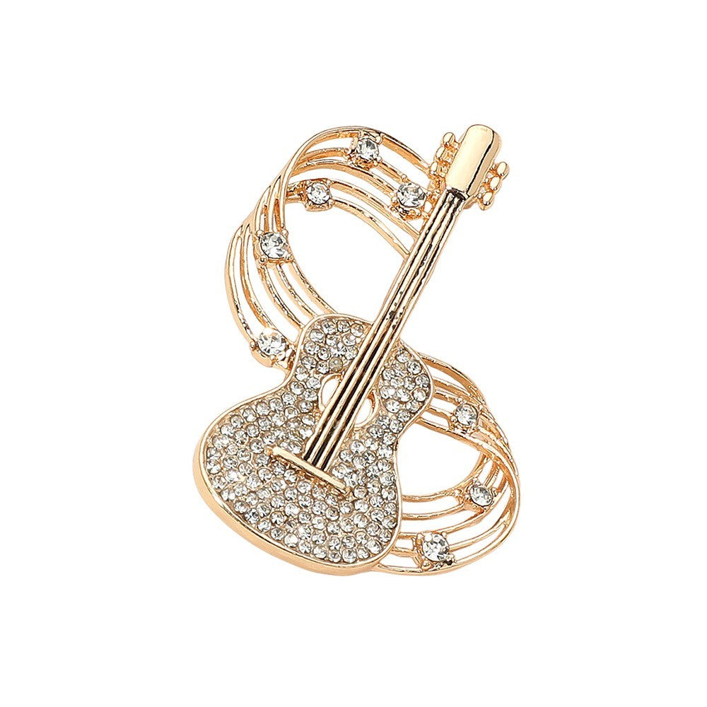 Gold Crystal Guitar Brooch Pin Musical Note Accent Musician Gift Women Jewelry
