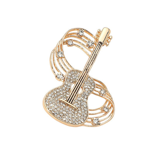 Gold Crystal Guitar Brooch Pin Musical Note Accent Musician Gift Women Jewelry