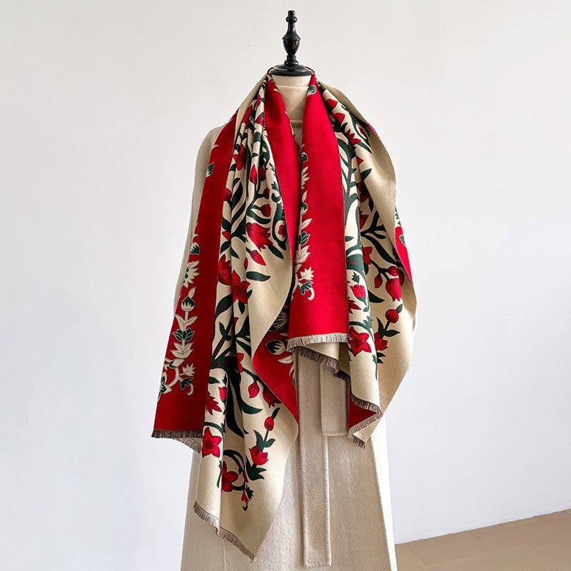 Reversible Tree of Life Shawl Wrap Scarf Red Beige Floral Bohemian Oversized
