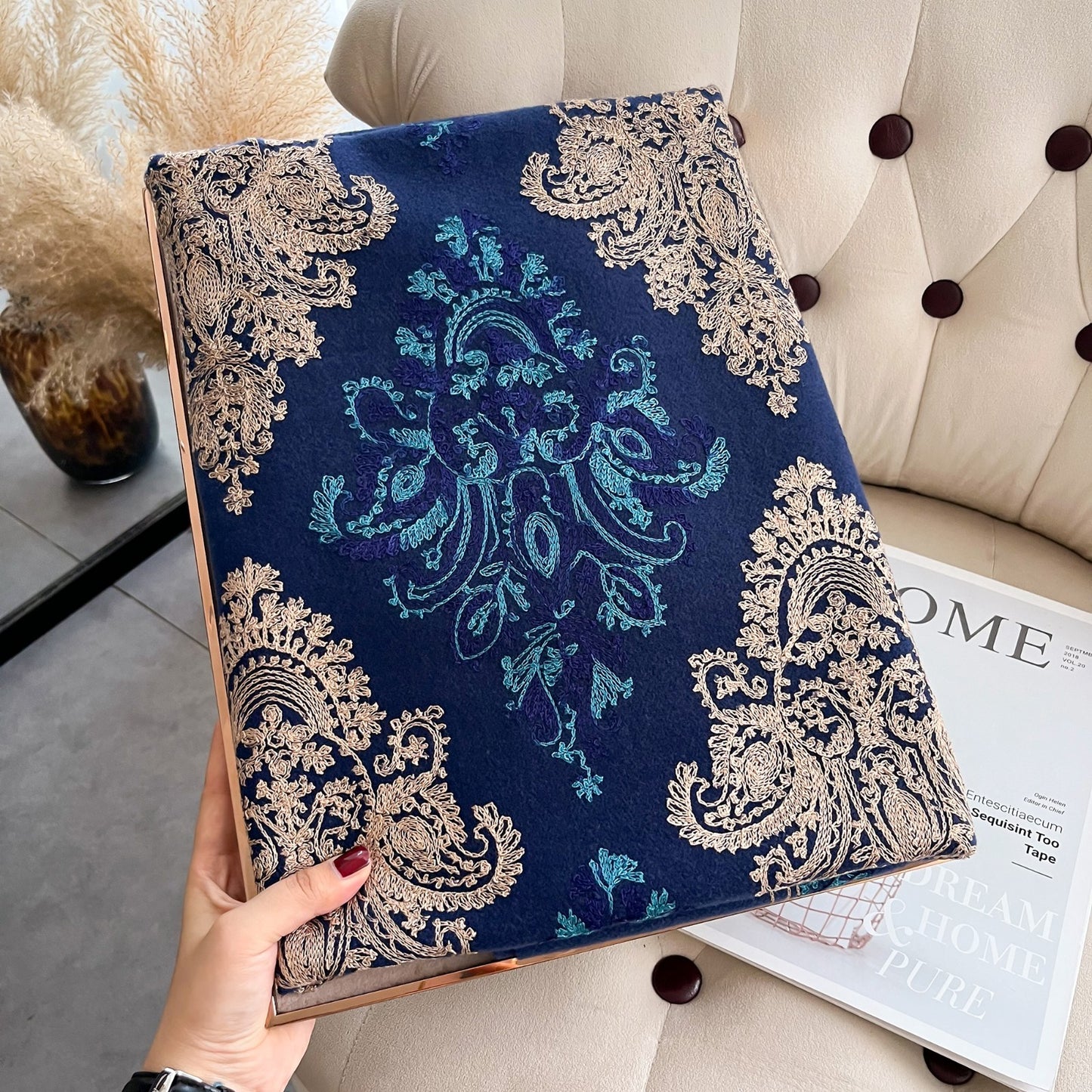 Cashmere Feel Embroidered Shawl Dark Blue Gold Teal | Ornate Floral Paisley | El