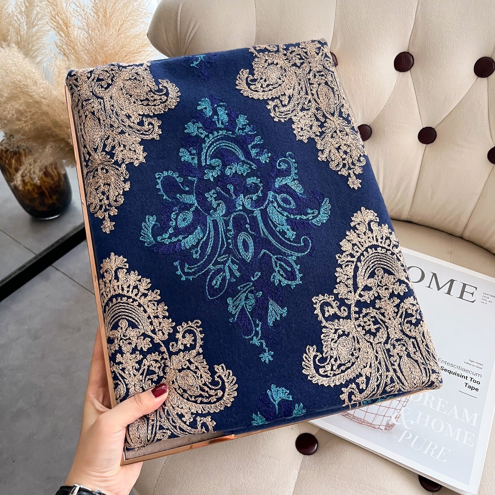 Cashmere Feel Embroidered Shawl Dark Blue Gold Teal | Ornate Floral Paisley | El